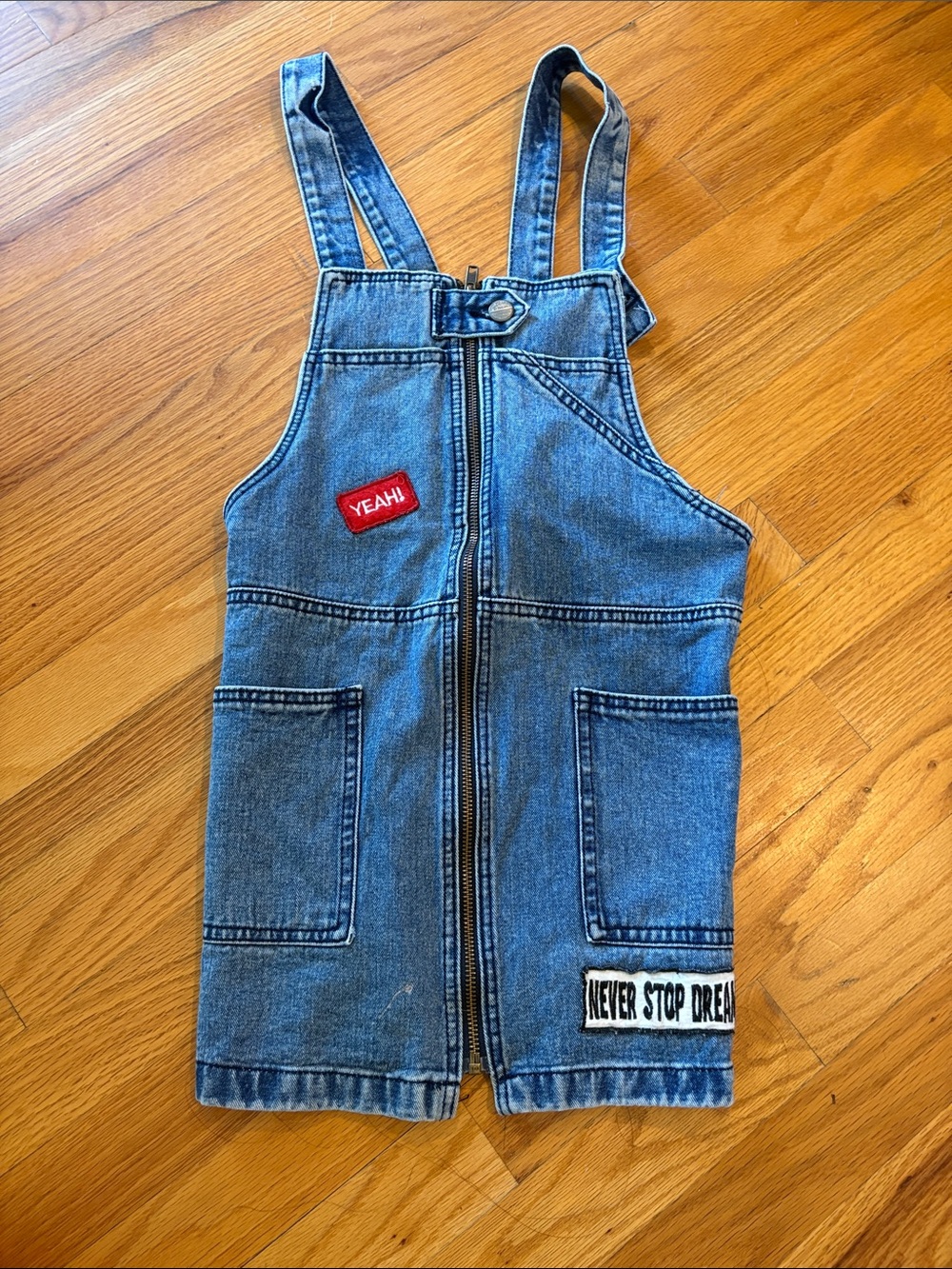 Zara Blue Denim Kids Overall Dress with Front Zip and Patches